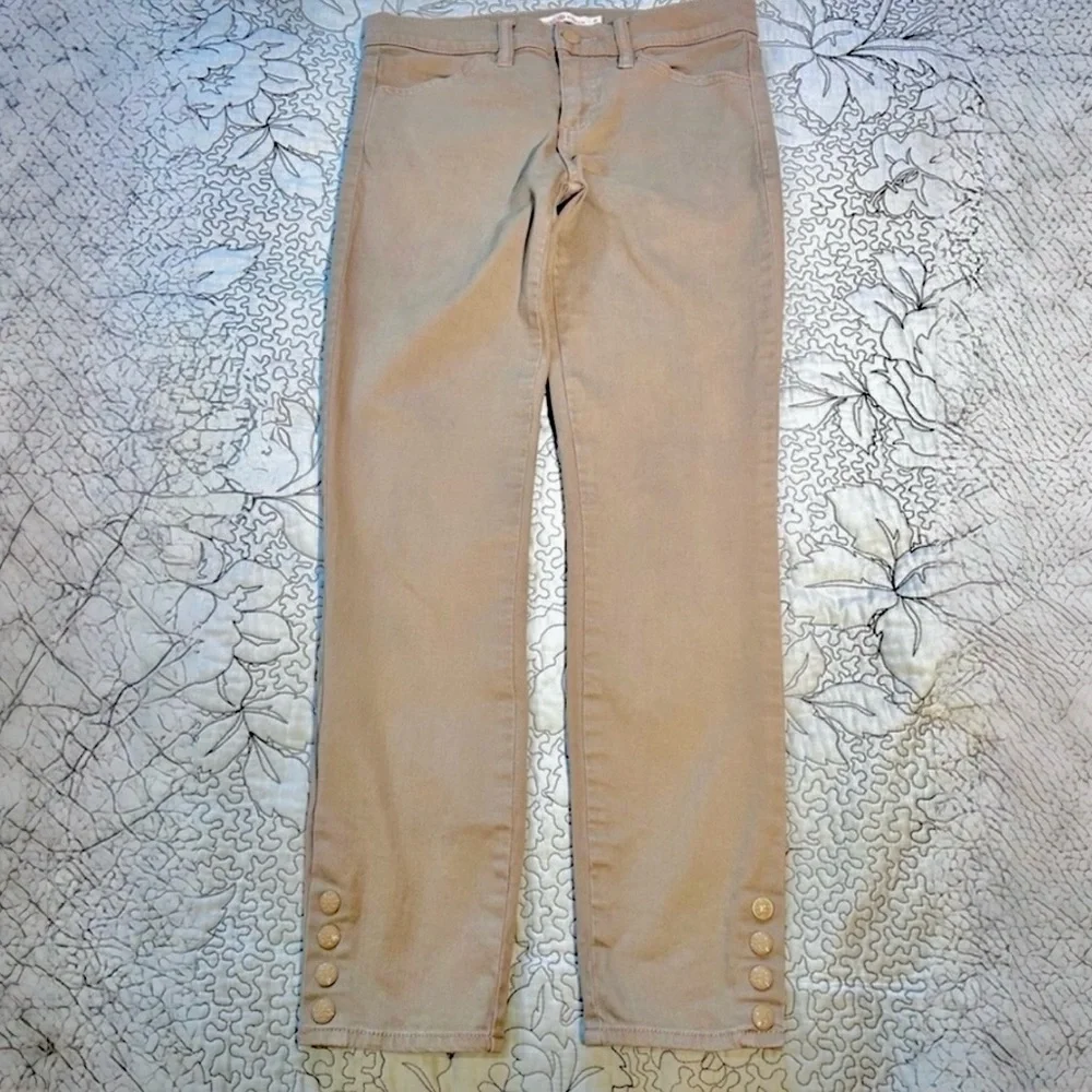 Tory Burch Emmy Beige Slim Ankle Pants Gold Snap Detail Stretch Sz 26💛